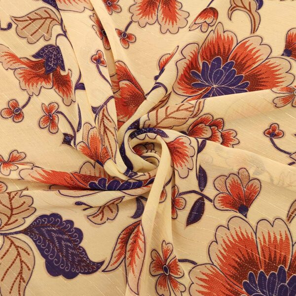 Tessuto Chiffon a fantasia con filo lurex motivo floreale beige - ruggine - viola