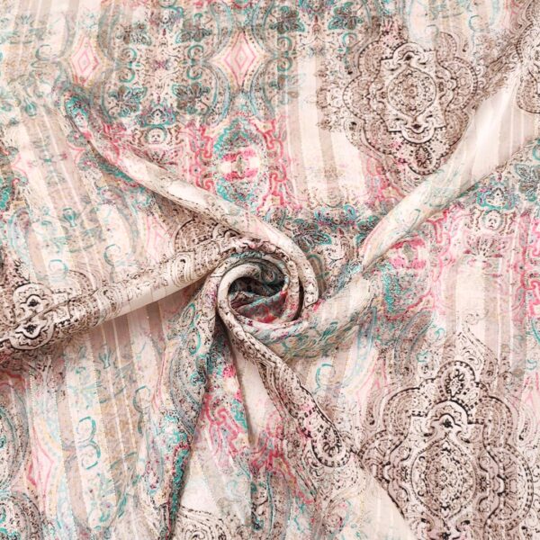 Tessuto Chiffon a fantasia con filo lurex motivo floreale barocco panna - tiffany - fucsia