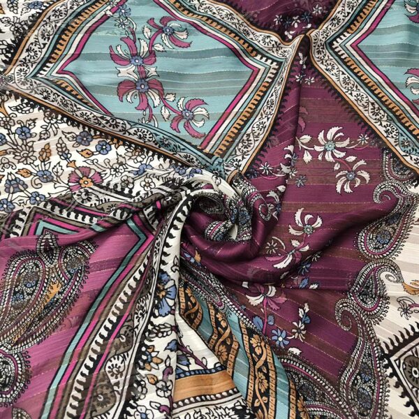 Tessuto Chiffon a fantasia con filo lurex motivo floreale cashmere vinaccio - tiffany - ocra