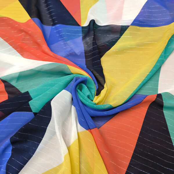 Tessuto Chiffon a fantasia con filo lurex motivo geometrico bluette - giallo - rosso - verde