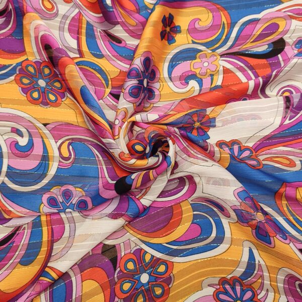 Tessuto Chiffon a fantasia con filo lurex motivo fucsia - blu elettrico - beige - arancione