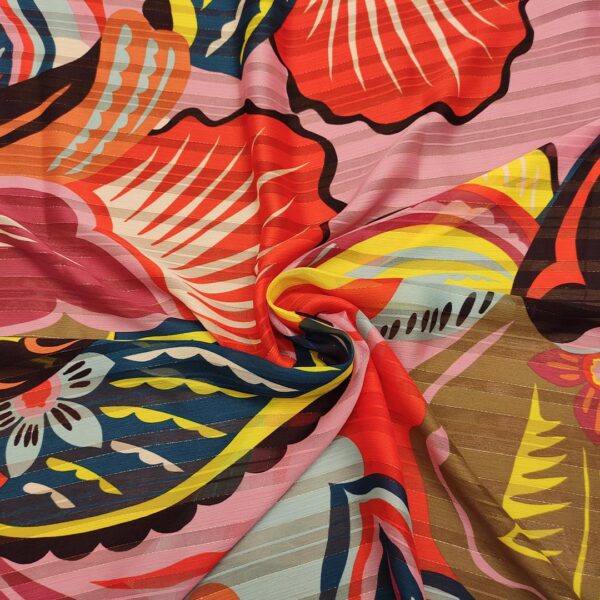 Tessuto Chiffon a fantasia con filo lurex motivo astratto rosa - arancione - verde ottanio - giallo