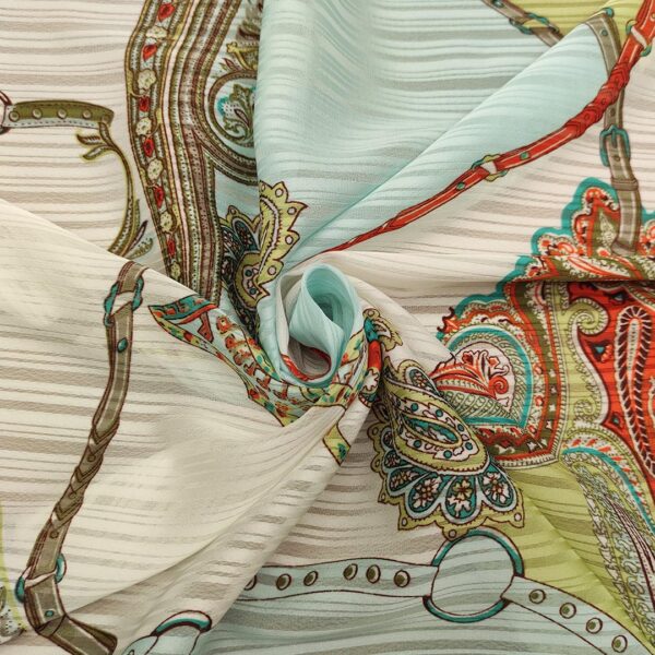 Tessuto Chiffon a fantasia con filo lurex motivo astratto menta - acquamarina - bianco - arancione