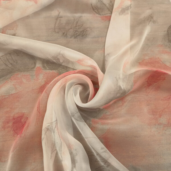 Tessuto Chiffon a fantasia motivo astratto corallo - bianco - grigio