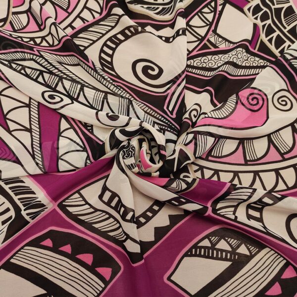 Tessuto Chiffon a fantasia motivo astratto nero - bianco - fucsia
