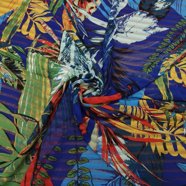 Tessuto Chiffon a fantasia motivo floreale blu elettrico - verde - ocra - ruggine