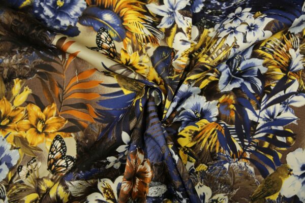 Tessuto Cotone a fantasia motivo floreale blu - ocra