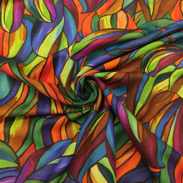 Tessuto Cotone e Lino a fantasia motivo astratto arancione - blu - verde