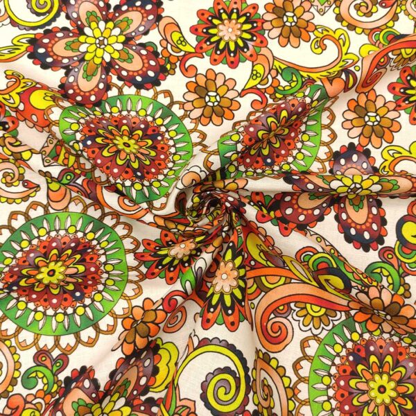 Tessuto Cotone e Lino a fantasia motivo etnico rosso - arancione - verde