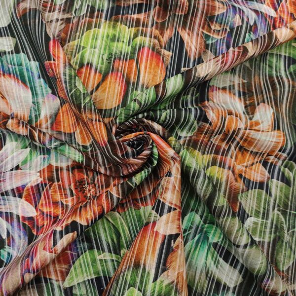 Tessuto Cotone e Lino a fantasia motivo floreale verde - blu - arancione