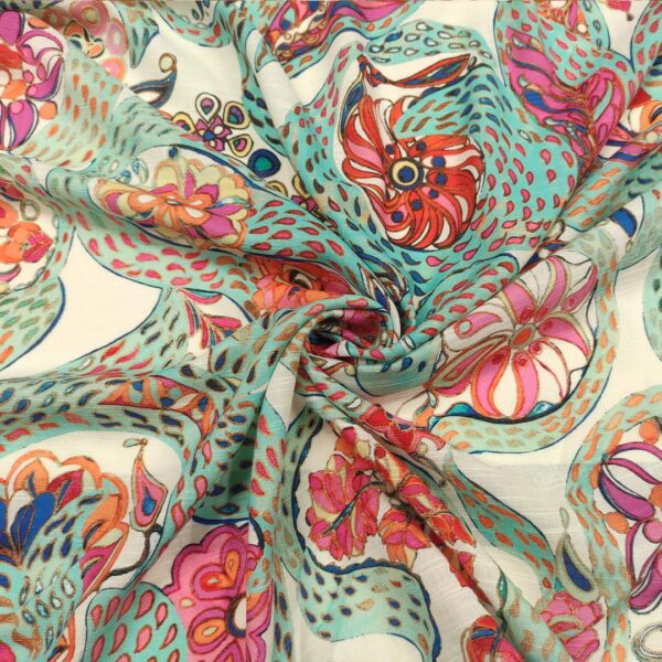 Tessuto Cotone leggero a fantasia motivo astratto verde tiffany - bianco - fucsia