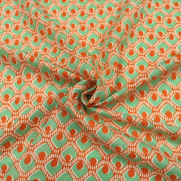 Tessuto Cotone leggero a fantasia motivo astratto verde tiffany - arancione
