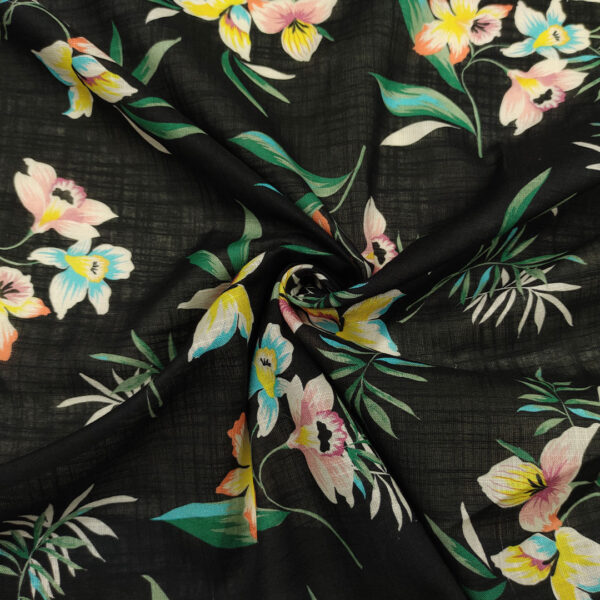 Tessuto Cotone leggero a fantasia motivo floreale nero - giallo - verde