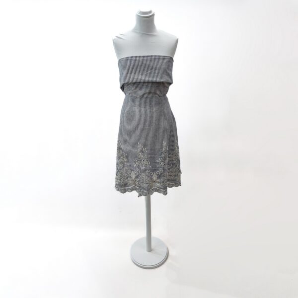 Tessuto Cotone ricamato motivo rigato panna - blu