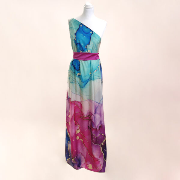 Tessuto Crepe a fantasia motivo astratto celeste - fucsia - rosa