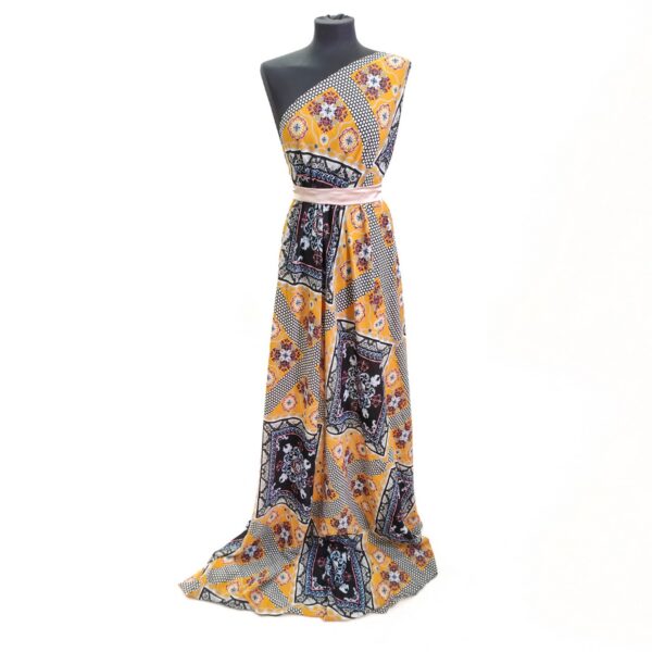 Tessuto Crepe a fantasia motivo astratto nero - giallo