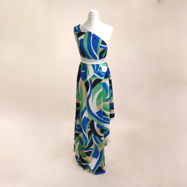 Tessuto Crepe a fantasia motivo astratto verde - blu elettrico - beige