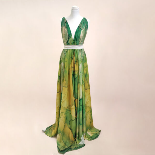 Tessuto Crepe a fantasia motivo astratto giallo - verde