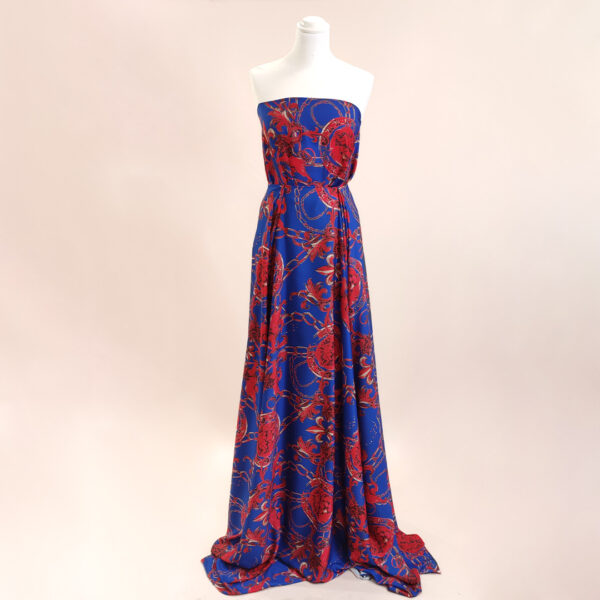 Tessuto Crepe a fantasia motivo floreale barocco blu elettrico - rosso