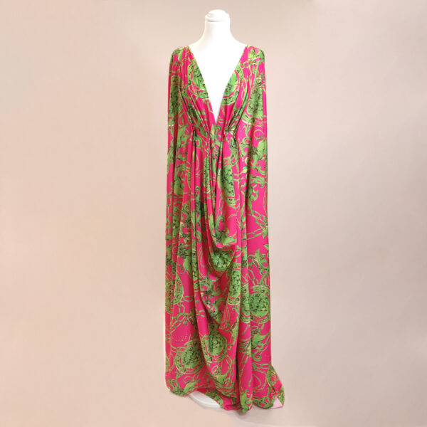 Tessuto Crepe a fantasia motivo floreale barocco fucsia - verde