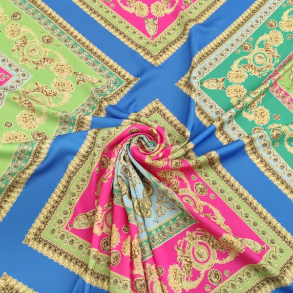 Tessuto Crepe a fantasia motivo floreale barocco fucsia - giallo - blu elettrico