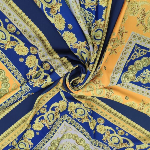 Tessuto Crepe a fantasia motivo floreale barocco blu - ocra