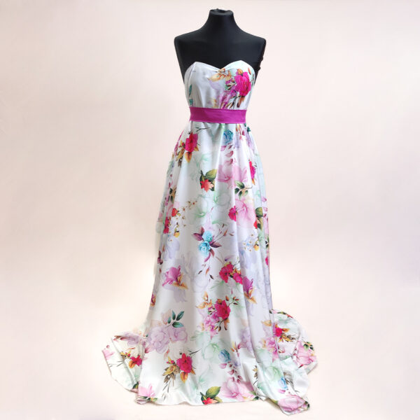 Tessuto Crepe a fantasia motivo floreale bianco - fucsia - celeste