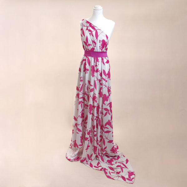 Tessuto Crepe a fantasia motivo floreale bianco - fucsia