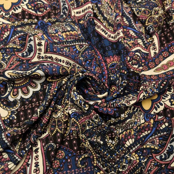 Tessuto Crepe a fantasia motivo floreale cashmere blu - bordeaux - panna