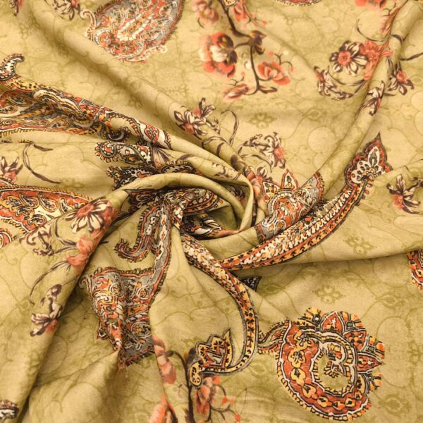 Tessuto Crepe a fantasia motivo floreale cashmere verde oliva - ruggine