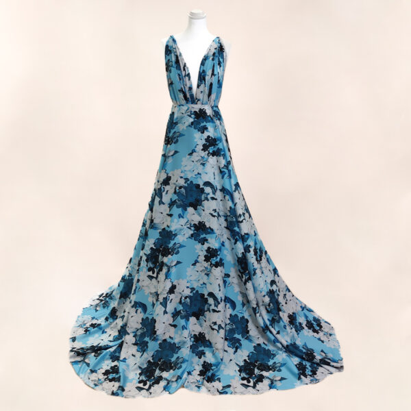 Tessuto Crepe a fantasia motivo floreale celeste - blu - bianco