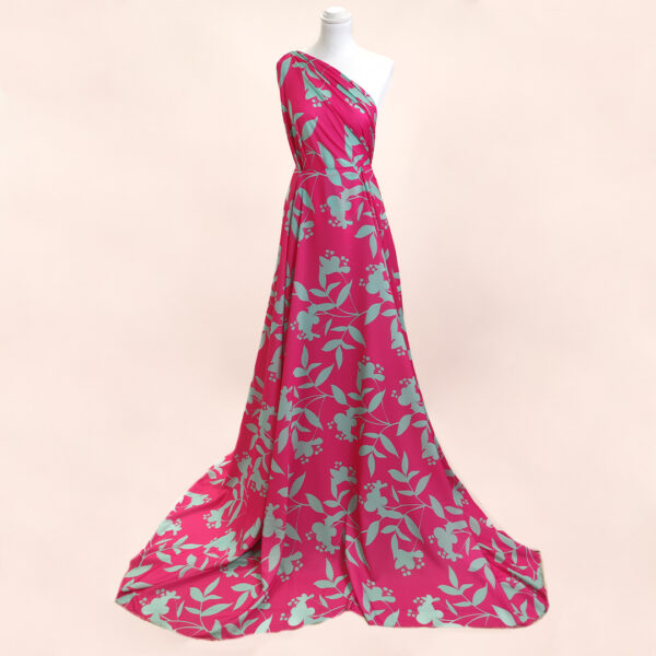 Tessuto Crepe a fantasia motivo floreale fucsia - celeste