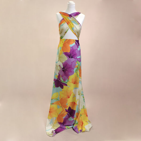 Tessuto Crepe a fantasia motivo floreale giallo - viola - arancione