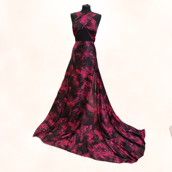 Tessuto Satin a fantasia motivo floreale nero - fucsia