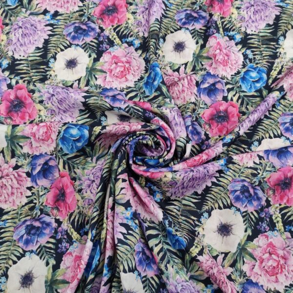 Tessuto Crepe a fantasia motivo floreale rosa - verde - lilla