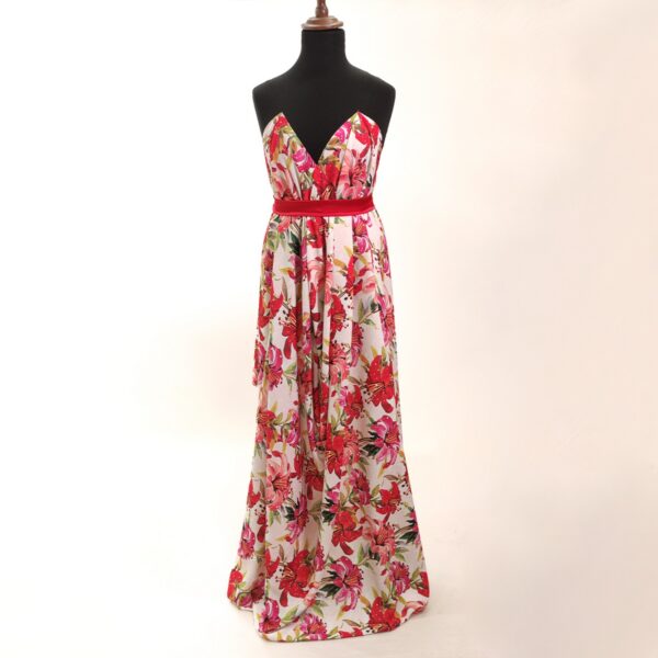 Tessuto Crepe a fantasia motivo floreale rosso - bianco - fucsia