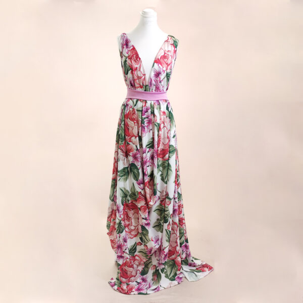 Tessuto Crepe a fantasia motivo floreale rosso - verde - rosa