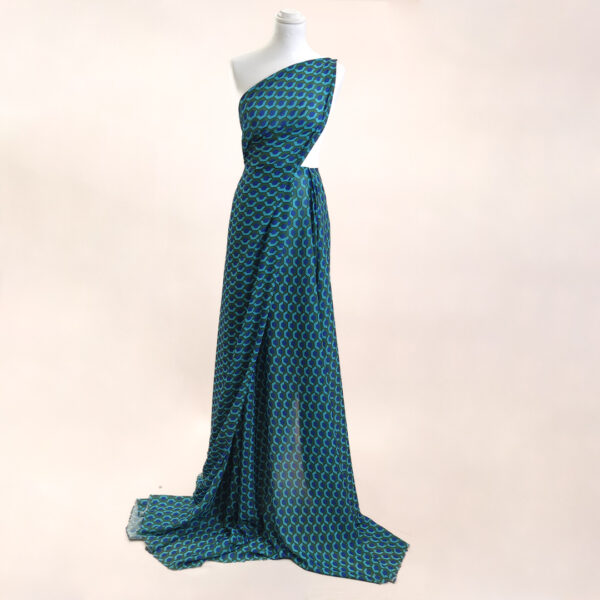 Tessuto Crepe a fantasia motivo  geometrico blu - verde militare