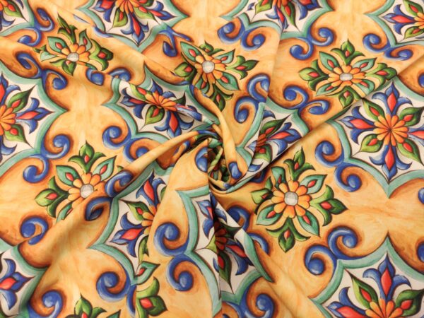 Tessuto Crepe a fantasia motivo floreale barocco giallo - blu elettrico