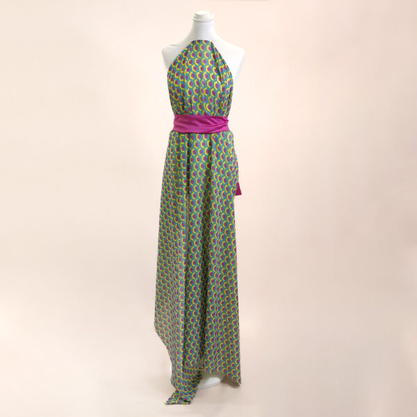 Tessuto Crepe a fantasia motivo geometrico vinaccio - verde - turchese