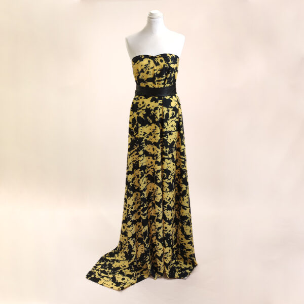 Tessuto Crepe a fantasia motivo astratto nero - giallo