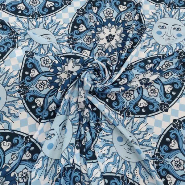 Tessuto Crepe a fantasia motivo floreale barocco celeste - blu - carta da zucchero