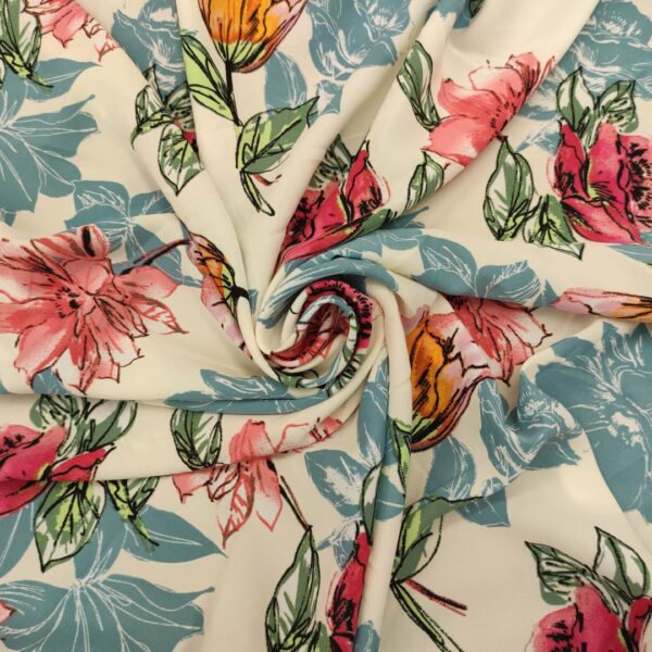 Tessuto Crepe elasticizzato a fantasia motivo floreale bianco - rosa - celeste - arancione