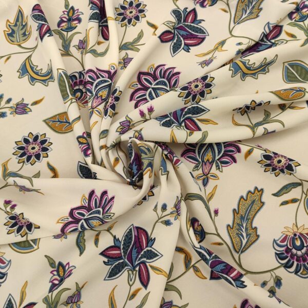 Tessuto Crepe elasticizzato a fantasia motivo floreale panna - viola - carta da zucchero - verde