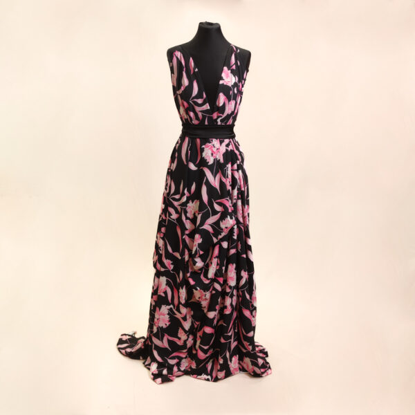 Tessuto Crepe a fantasia motivo floreale nero - fucsia