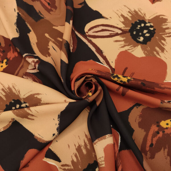 Tessuto Crepe elasticizzato a fantasia motivo floreale nero - coccio - beige - marrone