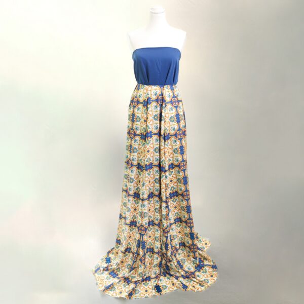 Tessuto Crepe elasticizzato a fantasia motivo blu - giallo - tiffany