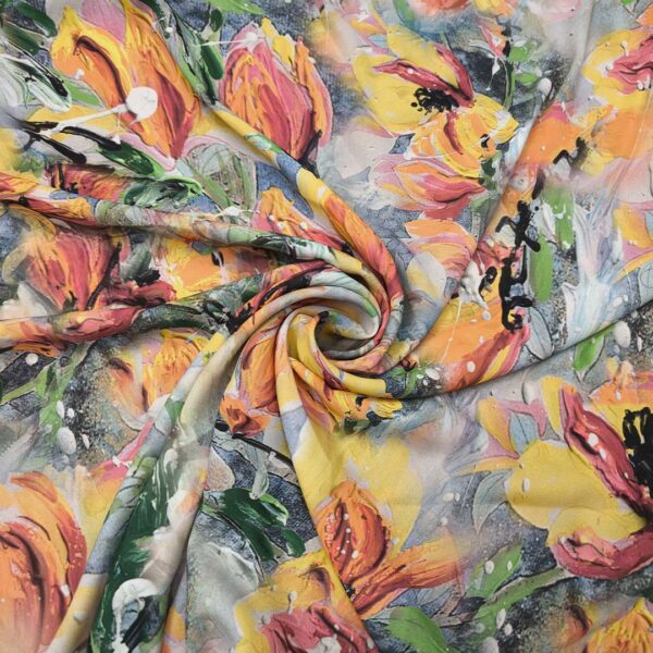 Tessuto Crepe a fantasia motivo floreale giallo - celeste nube - verde