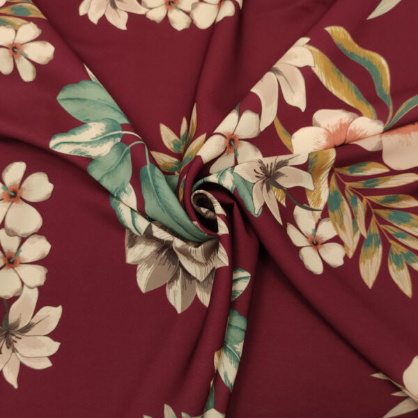 Tessuto Crepe a fantasia motivo floreale bordeaux - eucalipto - beige