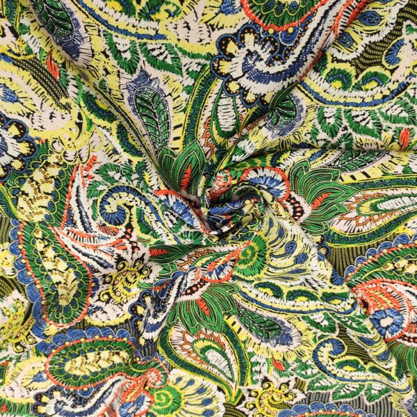 Tessuto Crepe a fantasia motivo floreale cashmere verde - giallo - bluette